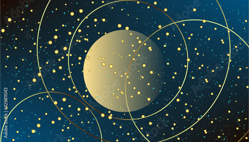 A golden ball with gold rings on a dark blue background. The night sky. An abstraction. Vector graphics. You can use it for screen saver, cover, business card, banner, and more.