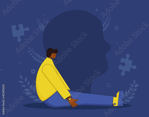 Chracter with autism sitting on the floor. Mental disorder. Autistic spectrum. Boy sitting on the floor with bad mood.