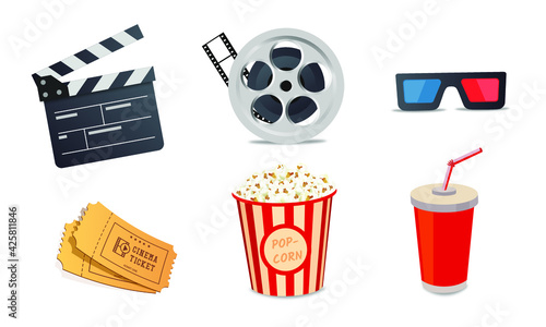 Cartoon cinema elements. Movie theater popcorn, filming cinema clapperboard. 3d glass, drink and movies premiere ticket cinematography vector illustration set eps 10