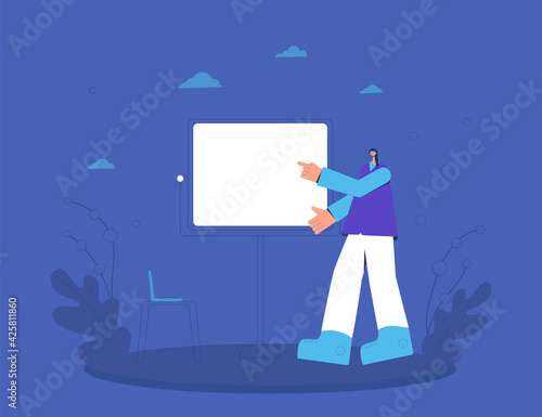 Presentation. Young woman standing near a whiteboard and giving a report. Business meeting. Vector flat illustration.