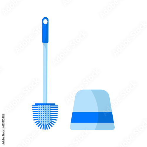 Modern Blue toilet brush, brush stand, isolated on white background. Cleaning service. Household equipment for home and office. Toilet clean hygiene, sanitary wc bathroom concept. Vector cartoon style