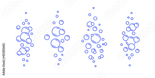 Sparkling underwater fizzing air bubbles streams set isolated. Linear water, sea, aquarium, soda pop, champagne, drink fizzy sparkles texture. Vector.