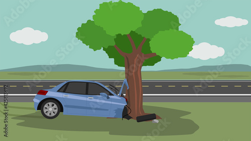 Passenger car accident A blue car shot off the road and collided with a big tree beside road. The front has been severely damaged. And the front wheels come off.