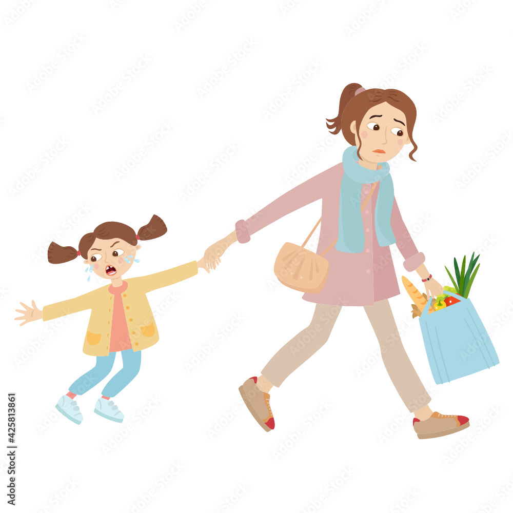 Upset Mother holds the hand of a screaming and crying daughter and holds a shopping bag with vegetables and a baguette vector illustration on the white background Upset Mother holds the hand of a screaming and crying daughter and holds a shopping bag with vegetables and a baguette vector illustration on the white background