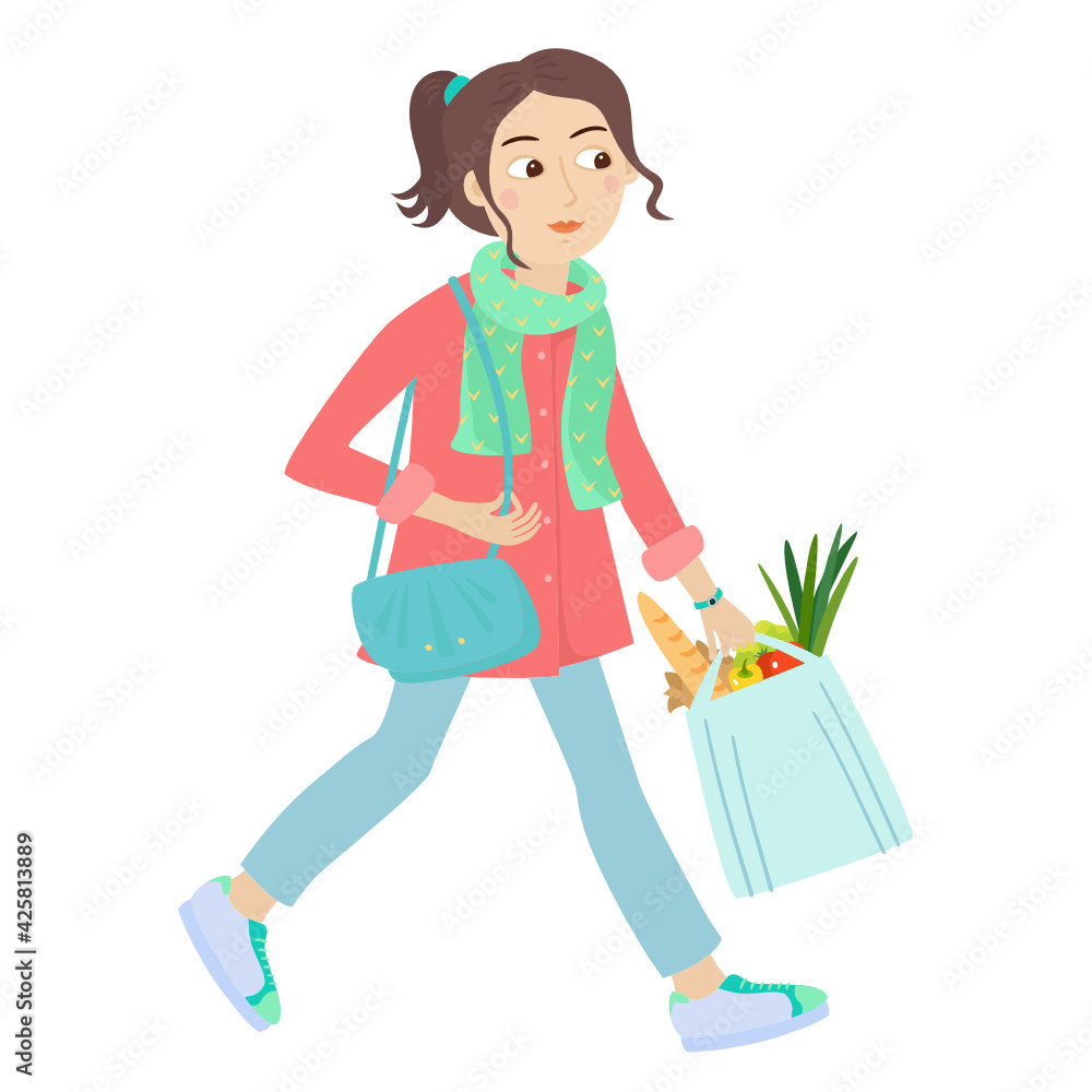 Woman holding eco-bag with vegetables and a baguette vector illustration Woman holding eco-bag with vegetables and a baguette vector illustration