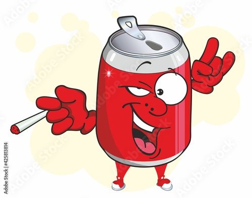 Aluminum can cartoon mascot. Image of funny red can of fizzy drink. Drink, soda, cola, beer.