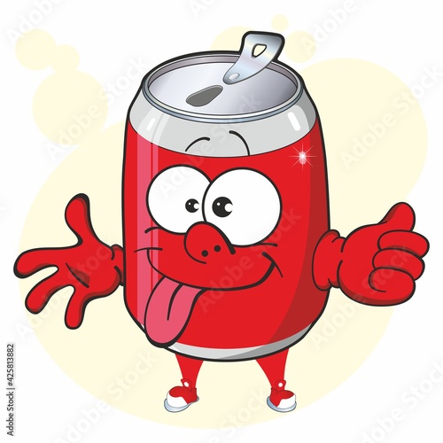 Aluminum can cartoon mascot. Image of funny red can of fizzy drink. Drink, soda, cola, beer.