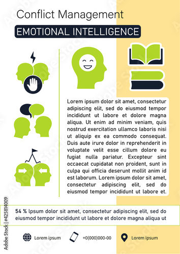 Conflict management brochure. Emotional intelligence template. Flyer, magazine, poster, book cover, booklet. Showing respect, avoid conflict infographic concept.Layout illustration page with icon