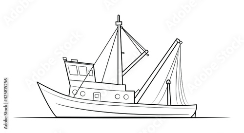 Fishing boat illustration  - simple line art contour of small ship