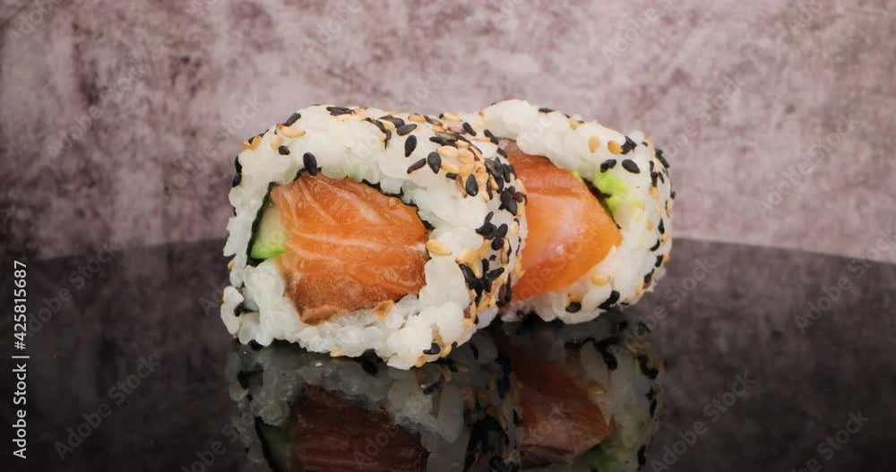 Salmon Roll Uramaki Sushi Duo - Rotation Zoom In Salmon Roll Uramaki Sushi Duo - Rotation Zoom In