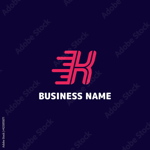 Simple and minimalist bright pink letter K speed monogram initial logo in dark blue background