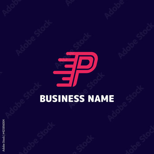 Simple and minimalist bright pink letter P speed monogram initial logo in dark blue background