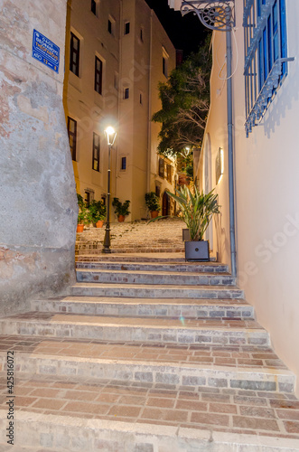 Traditional Alleys with Stairs in the Old Historic Town of Chania, Crete Island, Greece. Beautiful and Romantic Streets. © Nikolaos