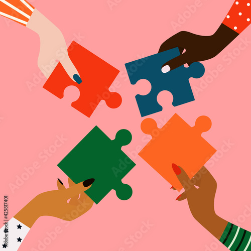 Women's hands of different nationalities. The concept of female friendship, equality and partnership. The Feminist Union. Vector illustration