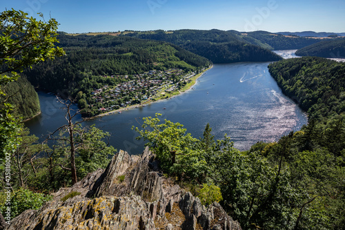 View From The Bockfelsen Lookout Point To The Hohenwartestausee Near Gössitz, Saale-Orla District, Thuringia, Germany, Europe