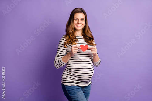 Photo of cute pretty lady waiting baby dressed striped shirt tummy holding read paper heart isolated violet color background