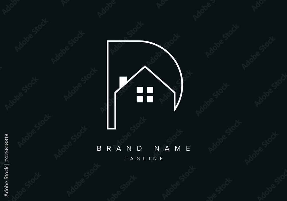 Line art logo icon of Home or house with alphabet letter D, real estate ...