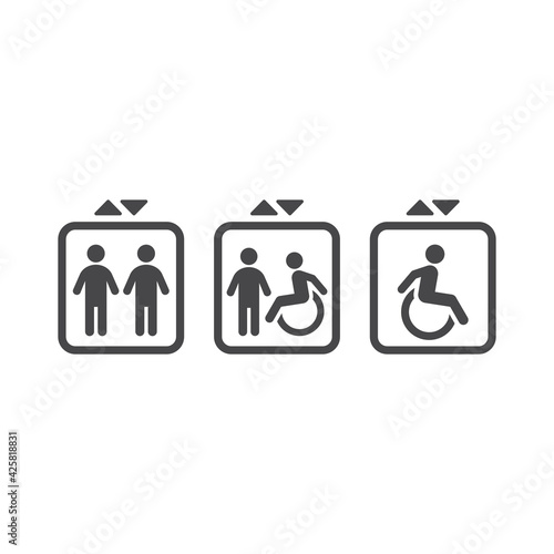 Elevator black vector icon. Lift with people and for disabled sign.