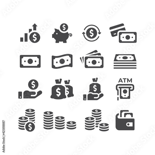 Money or financial vector icon set. Dollar coin, money stack, wallet, banknote finance symbols.