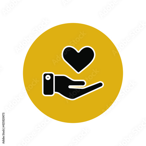 Give love. Heart icon in hand in a yellow circle. A symbol of love, care and support for each other. Donation for animals, sick and elderly people. Donar and heart organ transplant.Vector illustration