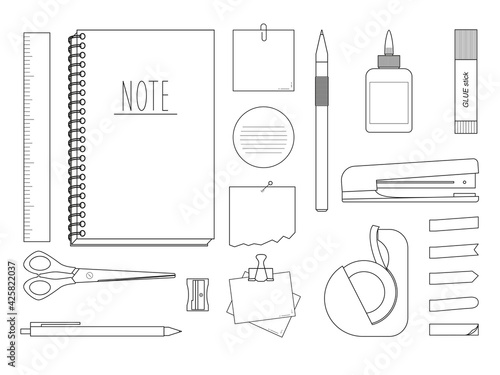 Collection of stationery - stickers, notebooks, tools isolated on white background. Vector illustration