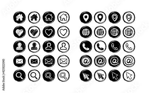 Set network icons. Hand-drawn by brush. Texture grunge style. Home, favorites, user, email, search, pin, internet, phone call, arroba, cursor icons.