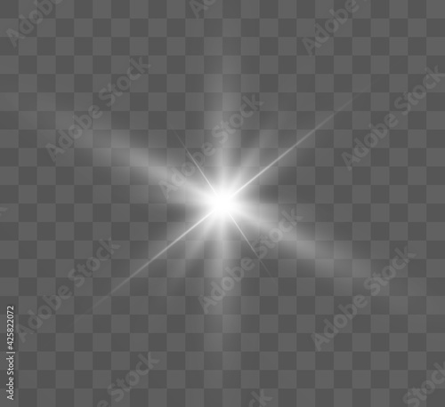 White glowing light explodes on a transparent background. Bright Star. Transparent shining sun, bright flash. Vector graphics.	