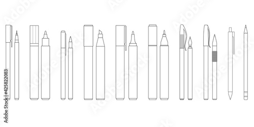 A set of pens and markers. Collection of stationery isolated on white background. Vector illustration