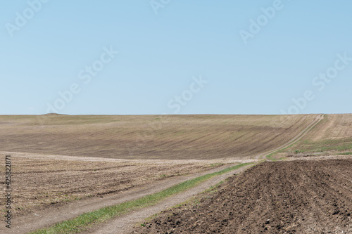 Agricultural plowed field. Ploughing field. Arable land under the bright sky. Rural landscape. 
