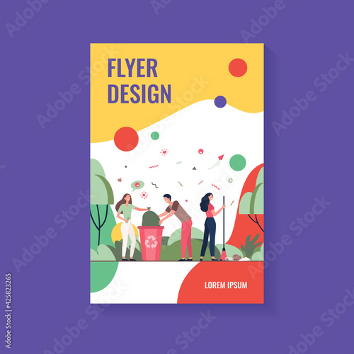 Team of volunteers cleaning park from garbage. Happy young people collecting trash outdoors. Vector illustration for volunteering community, nature care, ecology concept