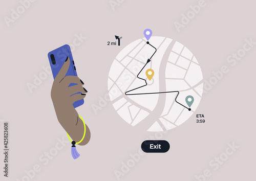 A hand holding a mobile phone with a gps navigation app on it, road trip concept, new technologies in daily life