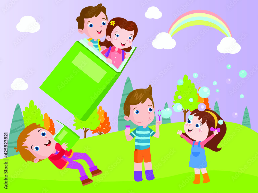 Kids having fun with bubbles and books vector concept for banner, website, illustration, landing page, flyer, etc.
