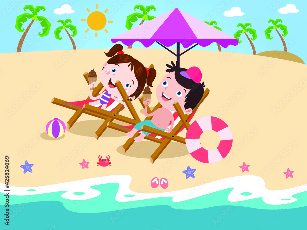 Happy kids eating ice cream at beach vector concept for banner, website, illustration, landing page, flyer, etc. Happy kids eating ice cream at beach vector concept for banner, website, illustration, landing page, flyer, etc.