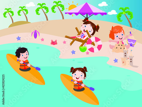Kids with canoe having fun at beach vector concept for banner, website, illustration, landing page, flyer, etc.