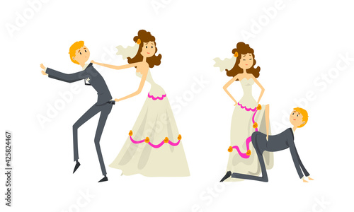 Funny Couple of Newlyweds Set, Weak Henpecked Groom Dominated by Bride Cartoon Vector Illustration