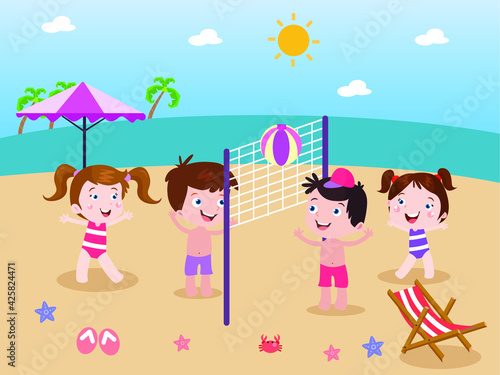Kids playing beach volley ball vector concept for banner, website, illustration, landing page, flyer, etc.