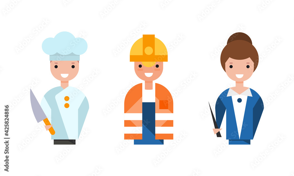 People of Various Professions Set, Teacher, Chef Cook, Construction Worker Characters Cartoon Vector Illustration People of Various Professions Set, Teacher, Chef Cook, Construction Worker Characters Cartoon Vector Illustration