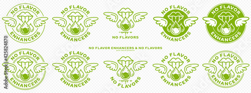 Concept for packaging. Labeling - no flavor enhancers. The mouth icon with wings and a drop of additive is a symbol of freedom from flavorings and a flavor enhancer. Vector.