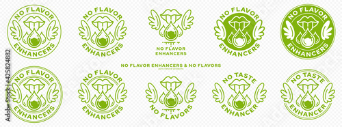 Concept for packaging. Labeling - no flavor enhancers. The mouth icon with wings and a drop of additive is a symbol of freedom from flavorings and a flavor enhancer. Vector.