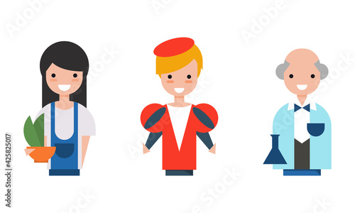People of Various Professions Set, Scientist, Actor, Gardener Characters Cartoon Vector Illustration