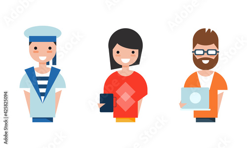 People of Various Professions Set, Programmer, Businesswoman, Sailor Characters Cartoon Vector Illustration