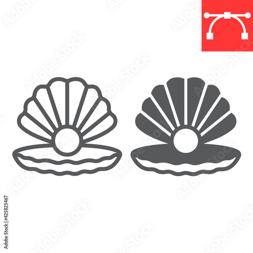 Seashell with pearl line and glyph icon, shell and ocean animals, open seashell vector icon, vector graphics, editable stroke outline sign, eps 10.