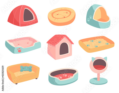 A set of beds for a pet, dog or cat. Flat vector illustration of goods for animals. Objects isolated on white background, cartoon style. Turquoise, yellow, red, pink colors.