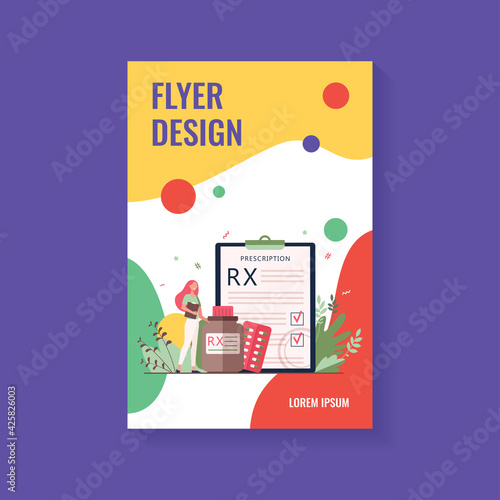Tiny pharmacist standing near RX prescription flat vector illustration. Cartoon pharmaceutical specialist recommending painkillers to patient. Pharmacy and drugs concept