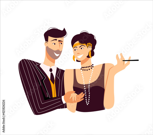 roaring twenties party, man invites a woman with mouthpiece and long beads to Charleston dance. Flirting, coquetry, party, stylization, relationships. Vector illustration isolated on white background.