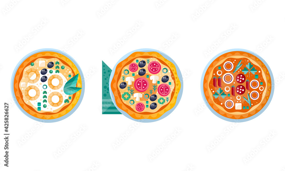 Top View of Pizza with Various Ingredients Set Flat Vector Illustration