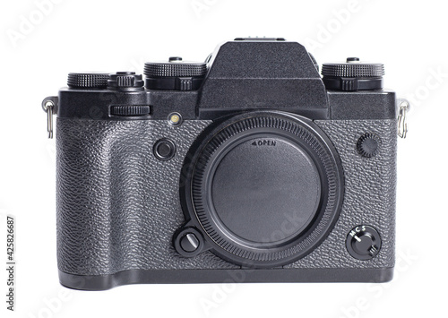 Mirrorless digital camera isolated on white background