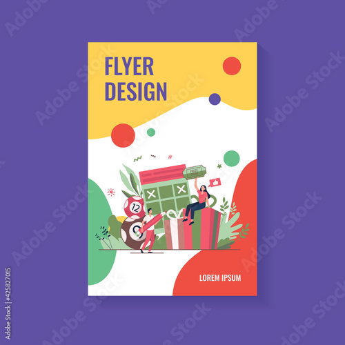Prize draw concept. People winning lottery, getting gift box, drawing crosses on tickets, celebrating win. Vector illustration for lucky people, lottery winners, random draw topics
