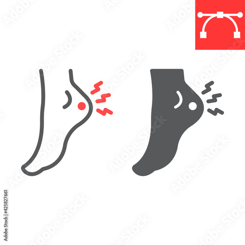 Heel pain line and glyph icon, painful and illness, foot ache vector icon, vector graphics, editable stroke outline sign, eps 10.