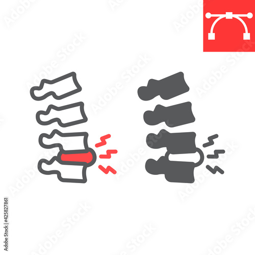 Spine pain line and glyph icon, backache and backpain, herniated disc vector icon, vector graphics, editable stroke outline sign, eps 10.